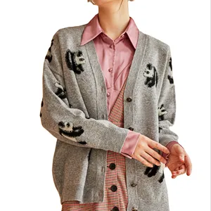 Cardigans en laine tricoté pour femmes, coupe ample, Street Wear, veste pull, imprimé mignon, dessin animé, col en v, vente en gros,