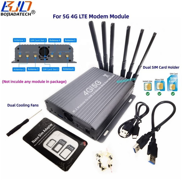 5G 4G LTE Modem Modules USB 3.0 Port NGFF M.2 B Key Wireless Adapter Two SIM Card Holder + 6 Antennas Aluminum Case & 2 Fans