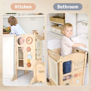 Tour d'apprentissage pliable <span class=keywords><strong>4</strong></span>-en-1 Tabouret d'aide à la cuisine pour tout-petits avec tableau noir Tour Montessori en <span class=keywords><strong>bois</strong></span> pour 1 à 6 ans - Product Image 4