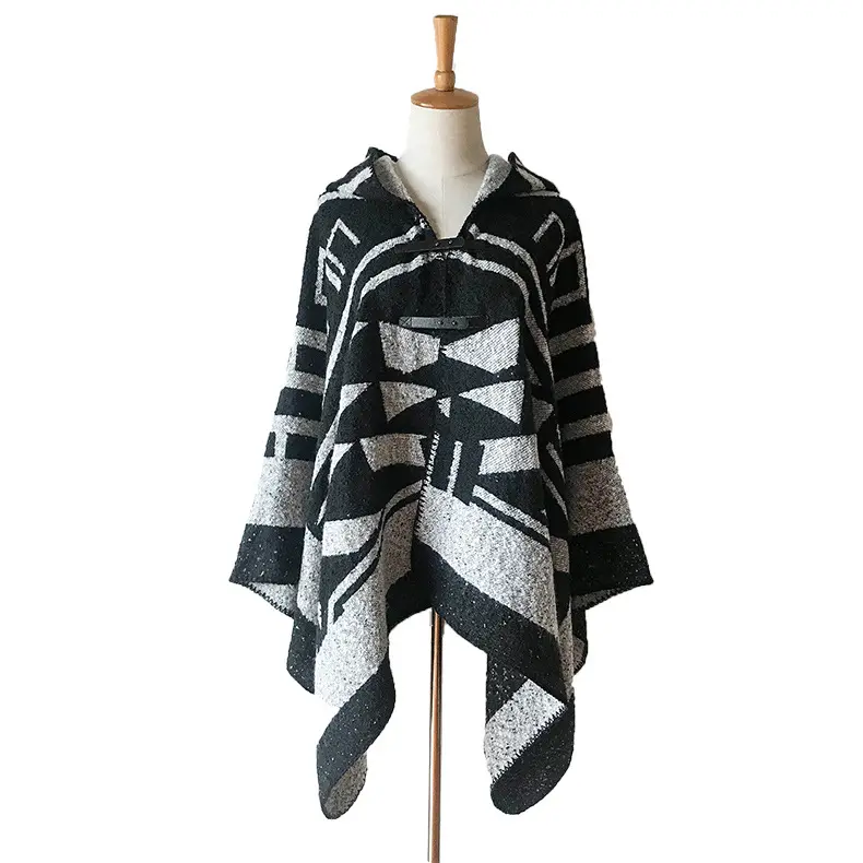 2020 Damen große Mode Herbst und Winter neuen Stil Kapuze Cape Leder Knopf schwarz geometrische Schleife Garn Schal Schal