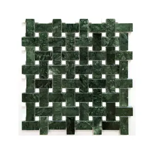 Phổ biến chất lượng tốt Basketweave Dark Verde màu xanh lá cây đá cẩm thạch đá Mosaic tường gạch cho trang trí nội thất