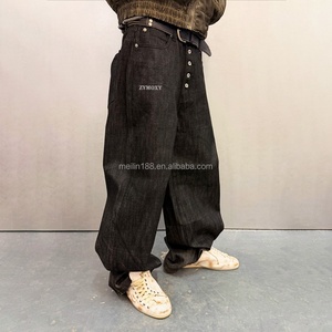Jeans personnalisés taille haute, coupe ample, en denim japonais brut, style vintage, noir, épais, pour hommes - Product Image 1
