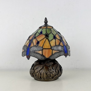 LongHuiJing 8Inch European Pastoral Vintage Tiffany Table Lamp Orange <b>Decor</b> with Blue Dragonfly Pattern Stained Glass Lampshade - Product Image 4