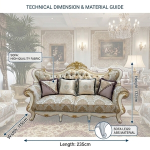 Sofá de Tres Plazas de Madera Maciza Lacada en <span class=keywords><strong>Blanco</strong></span> Marfil, con Detalles Dorados a Mano, Relleno de Esponja, Estilo <span class=keywords><strong>Palacio</strong></span> Europeo |   Venta Directa de Fábrica - Product Image 2