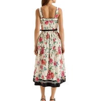 Robe Midi Vintage à Imprimé Floral Rose pour Femme, Bretelles Larges, Ceinture à la Taille, Ourlet Bordé Noir, Robe Décontractée pour les Vacances, Vente en Gros