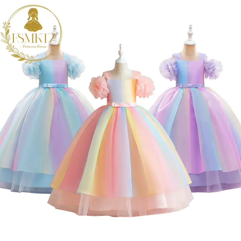 FSMKTZ Girls Long Dress Colorful Birthday Kids Clothes 8-12 Years Princess Frock Puff Sleeves High Quality Children Flower