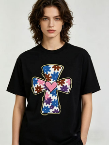 Camiseta de Verano de Algodón de Manga Corta con Parche de Chenilla con Logotipo Personalizado de Corazón y Cruz, Sudadera Informal Holgada - Product Image 3