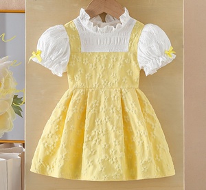 Abito Carino per Bambina 2026 <span class=keywords><strong>Bianco</strong></span> Giallo Manica Corta Patchwork Vestito con Maniche a Sbuffo - Product Image 1