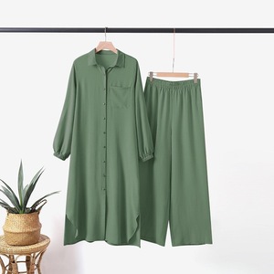 PROMISTAR Dames Floral Geprint Arabische Stijl Tweedelig Set Langarm Loszittende Blouse Jurk Broek Knoopsluiting Muslim Set - Product Image 3