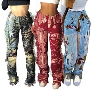 Pantalones de terciopelo con estampado de flecos para mujer, pantalón largo de cintura alta, estilo Hip Hop, novedad