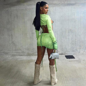 Hipster Y2K Two Piece Set Women Skirt Undefined Lengthen Ribbons Sexy <strong>Cleavage</strong> <strong>Top</strong>+Tie Dye Cut Out Slim Female Skirt - Product Image 3