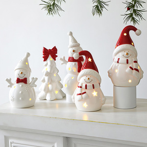 LINGKAI <b>Ceramic</b> Snowman LED Light <b>Ornament</b> White Porcelain Xmas Figurine With Red Hat Bow Tabletop Christmas Home Decor - Product Image 1