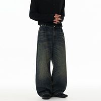 Pantalon en jean délavé style rétro américain, effet vieilli, coupe droite ample et tendance pour homme