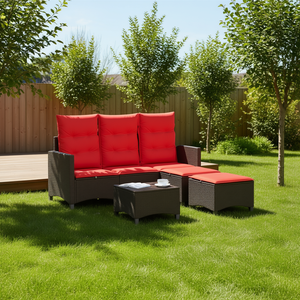 Ensemble de canapé de patio en polyrotin brun avec coussins rouges, 3 places, mobilier d'extérieur au design contemporain pour usage en terrasse - Product Image 2