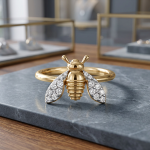 Anillo de cóctel de abeja en oro amarillo con alas de diamante, diseño de insecto adorable, unisex, para uso diario - Product Image 4