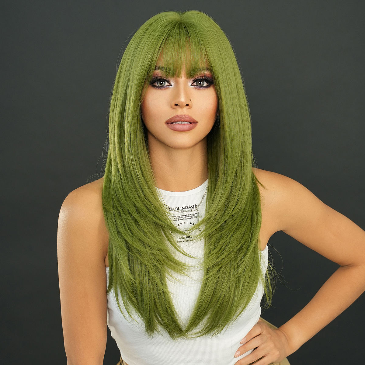 Long Straight Wig Light Green Layered Wig with Bangs, Synthetic Heat  Resistant Hair Green Wig for Patrick's Day Peluca