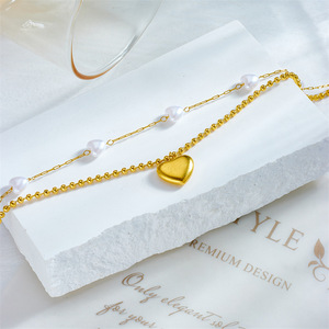Chaîne de cheville double en acier inoxydable doré avec perles irrégulières et breloques cœur gravées, style féerique pour femme, idéale pour l'été à la plage - Product Image 2
