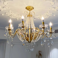 Lustre en cristal doré de style français-américain, avec des rangées de perles, luminaire suspendu LED, structure en fer, hauteur réglable, installation facile