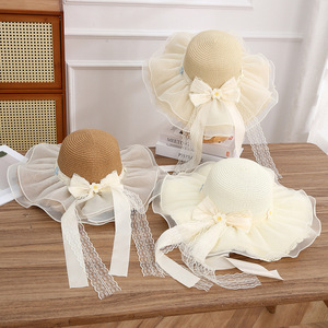 Elegant Women's Straw <b>Floppy</b> <b>Hat</b> With Lace Trim And Bow Ribbon Beach Sun Protection Accessory - Product Image 3