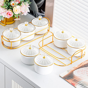 Plateau à fruits en céramique avec bord doré et compartiments, avec couvercles, pour servir des collations et des bonbons sur la table basse - Product Image 4