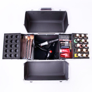 Valise de maquillage professionnelle à roulettes, couleur unie, avec rivets et couvercle verrouillable, petite poignée télescopique, sac de rangement pour outils d'artiste - Product Image 2