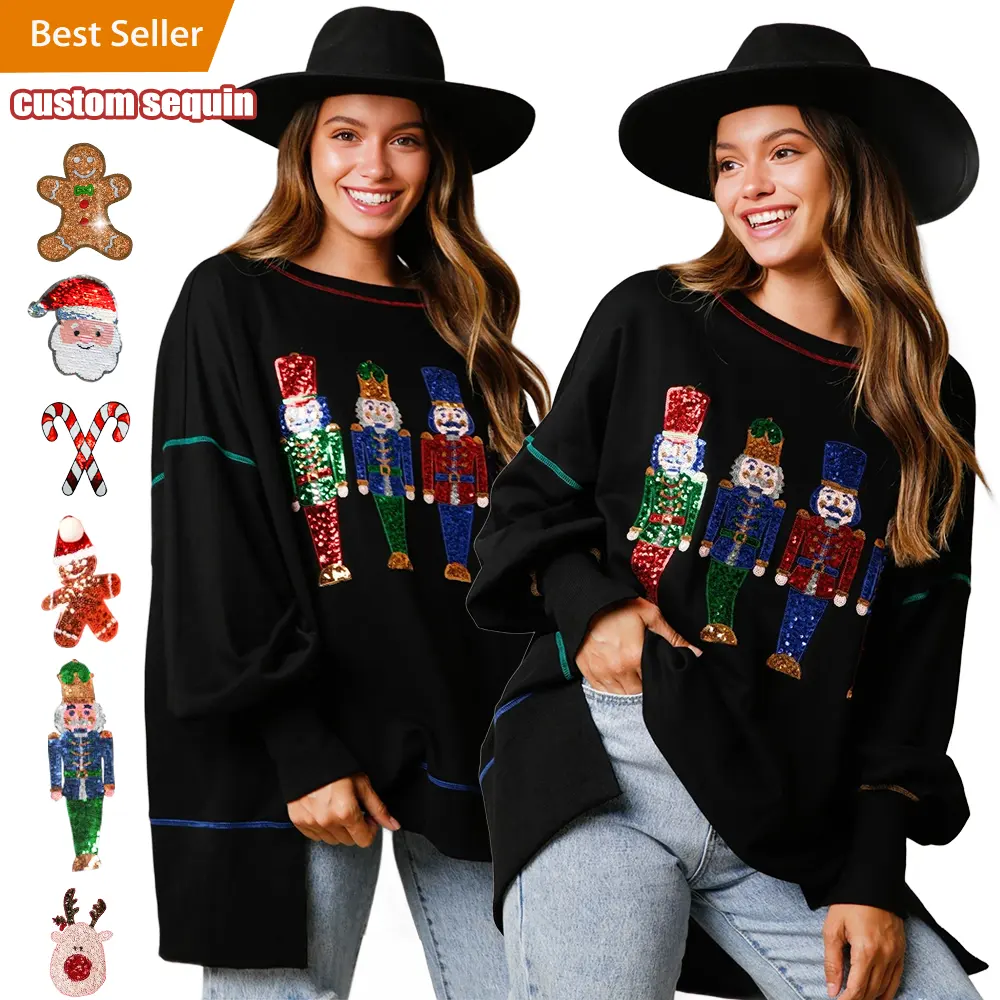 Großhandel New Design Custom Weihnachts ferien Frauen Französisch Terry Nussknacker von Nüssen Pailletten bestickt Patch Sweatshirt