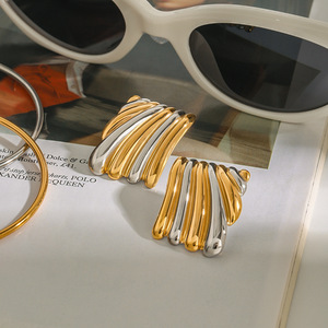 <b>Stud</b> <b>Earrings</b> 18K Gold Stainless Steel Two Tone Wave Design Party Jewelry - Product Image 2