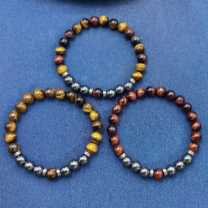 Triple Tiger Eyes ematite turchese blu naturale con bracciale con perline a fetta di isolamento in acciaio inossidabile per uomo - Product Image 1