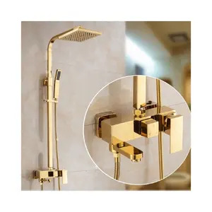 Chuveiro de banheiro, chuveiro quadrado dourado com design moderno em cobre