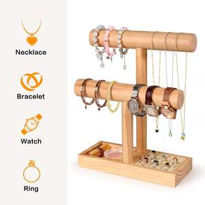 خشب طبيعي مع تصميم من مستويين لتخزين الأساور والأساور والساعات والقلائد والقلائد - Product Image 2