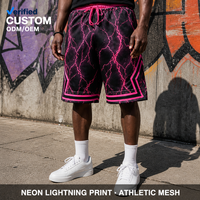 Pantalones Cortos Deportivos de Baloncesto para Hombre, con Estampado de Sublimación Completo en Negro Neón, Paneles Laterales de Malla con Diseño de Diamantes, Estilo Rave