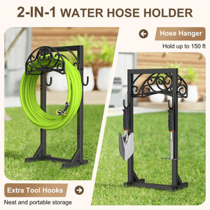 Freestanding <b>garden</b> hose holder, hose storage rack with tool <b>hooks</b>, can hold up to 150 feet of hose. - Product Image 3