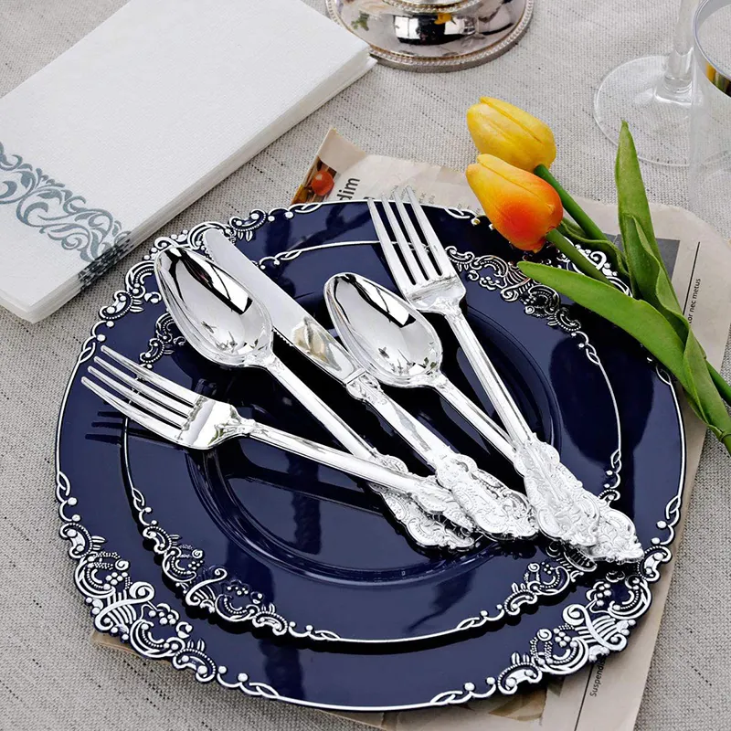 Service de vaisselle en plastique incassable lot d'assiettes en plastique bleu marine pour mariage décorations de fête assiettes lot de vaisselle
