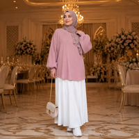 Ensemble deux pièces modeste en tricot patchwork polyester, respirant, à séchage rapide, rayé, coupe oversize décontractée, avec manches lanternes évasées, style musulman