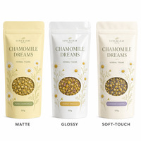 Sachets Doypack en plastique alimentaire refermables à fond plat pour thé à la camomille et chewing-gum, sans caféine