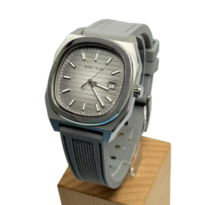 Orologio da <span class=keywords><strong>Uomo</strong></span> Quadrato con Quadrante Argentato a Strisce, Cinturino in Gomma Grigia, Display Data, Impermeabile, Movimento al Quarzo, Elegante Casual Business - Product Image 2
