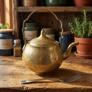 <b>Vintage</b> Brass Tea <b>Kettle</b> With Lid And Handle Ornate Floral Design Water Pots & <b>Kettles</b> Metal Drinkware - Product Image 3