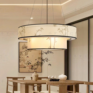 Lustre rond en tissu de style chinois, lumière LED pour salon, chambre à coucher, salle à manger, maison de thé, hôtel - Product Image 1