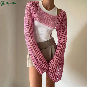 HANO venta al por mayor personalizado de alta calidad Sexy espalda descubierta ahueca hacia fuera Bolero encogimiento de hombros manga larga Smock tejido Crochet Crop Tops para mujeres - Product Image 2