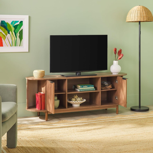 Mueble para TV Curvo de Estilo Moderno de Mediados de Siglo, Consola Multimedia de Madera con Almacenamiento Abierto y Puertas Corredizas para Sala de Estar, Apartamento u Oficina - Product Image 4