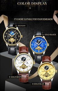 Reloj TEVISE T820B para Hombre, Movimiento Automático, Negro, Correa de Cuero, Mecánico, Resistente al Agua 30M, Esfera Dorada - Product Image 3