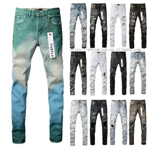 Wholesale Men's High Quality Cotton Denim Streetwear Pants Mid Straight Moustache Effect Distressed Wash Purple Brand Jeans Men