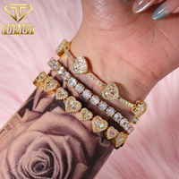 Dropshipping Ensemble de bijoux 3 pièces en laiton style Hip Hop, comprenant Bracelet cubain, Bracelet jonc et Bracelet tennis 5 mm, entièrement serti de zircon 5A en forme de cœur