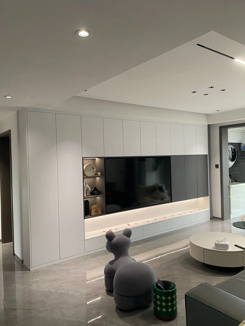 Floating TV Cabinet with LED Lighting and Open Shelves Modern White Wall Mounted Storage for Living Room Custom