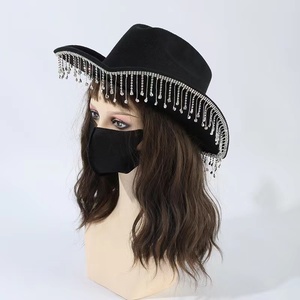 <span class=keywords><strong>Costume</strong></span> à large bord en feutre de <span class=keywords><strong>cowgirl</strong></span> pour femme adulte Chapeau de cowboy western avec franges en strass - Product Image 2