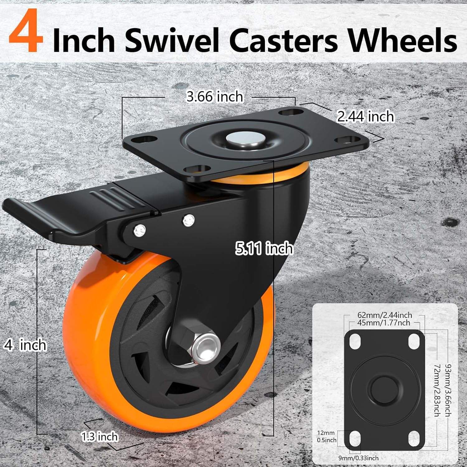 4Inch Caster Wheels Heavy Duty Casters with Brake Locking PU Casters Wheels for Furniture, Castor Wheels for Cart, Workbench