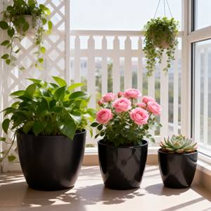 Kits de propagation pour la maison et le jardin en gros de Chine / Pots de fleurs en céramique noire émaillée HARVIT HYFP-08 - Product Image 1