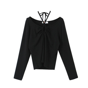 Runqi N8566 Women's <b>Long</b> Sleeve <b>T</b>-<b>Shirt</b> Halter V-Neck Solid Color Knitted <b>Black</b> Plus Size Fashion Top - Product Image 5