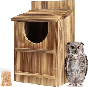 Caja de Casa de pájaro de búho de madera carbonizada grande con caja de nido de búho de virutas de madera para exterior - Product Image 1