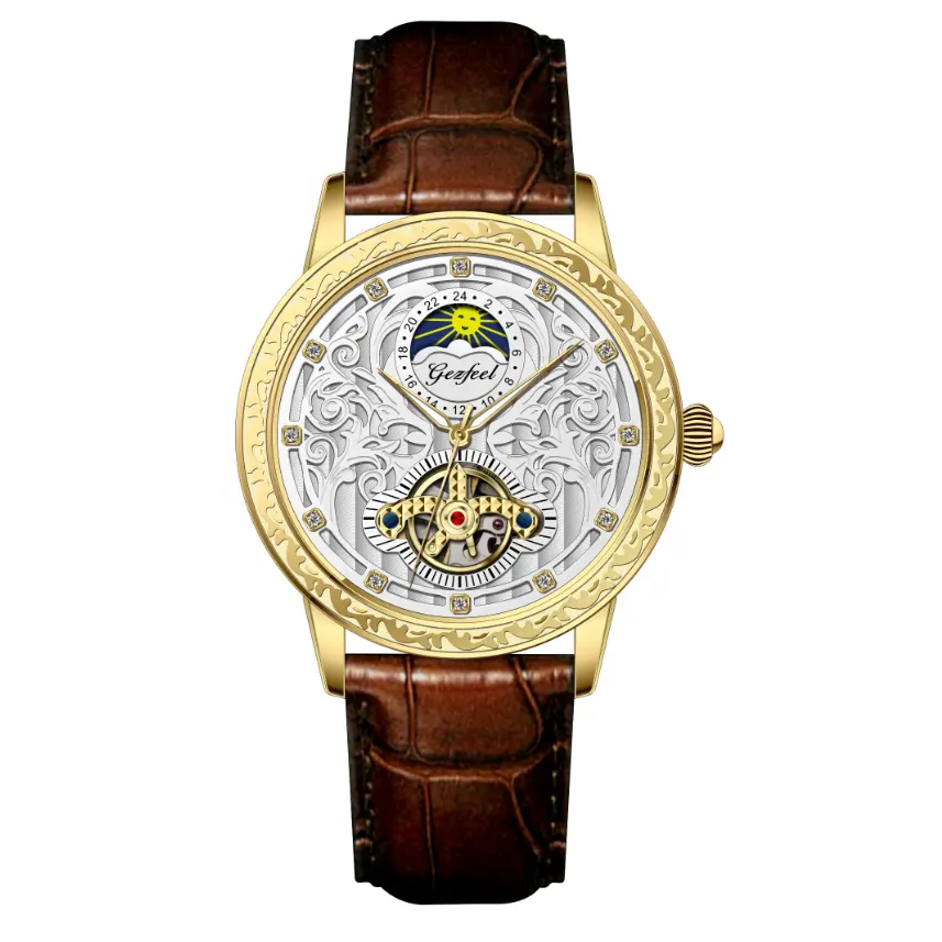 Retail online custom logo low moq automatic mechanical watch in bulk with engraved flower watch case